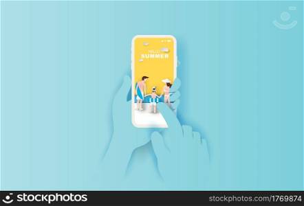 illustration of Hand holds smartphone with Hello summer application. Summer season with Rear view family happy concept. Creative design paper cut and craft on yellow pastel color background. Vector