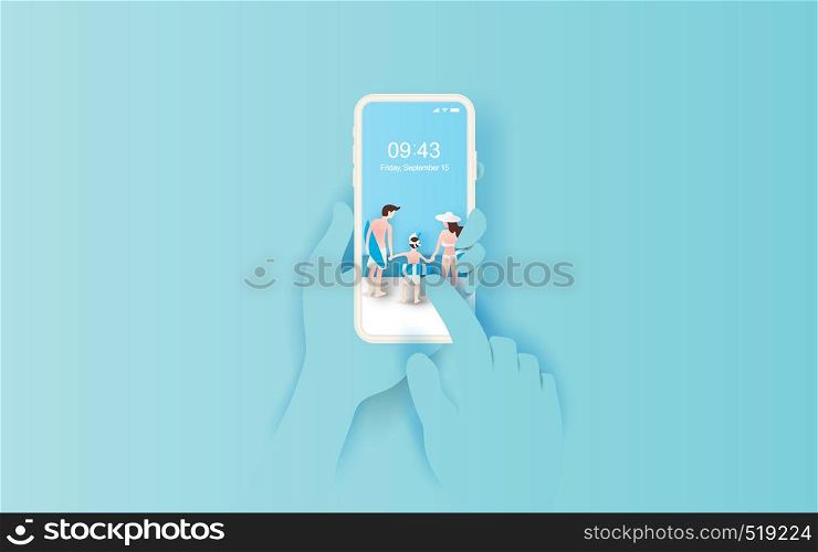 illustration of Hand holds smartphone with summertime application.Summer season with Rear view family happy concept idea.Creative design paper cut and craft on pastel color background. Vector. Eps 10