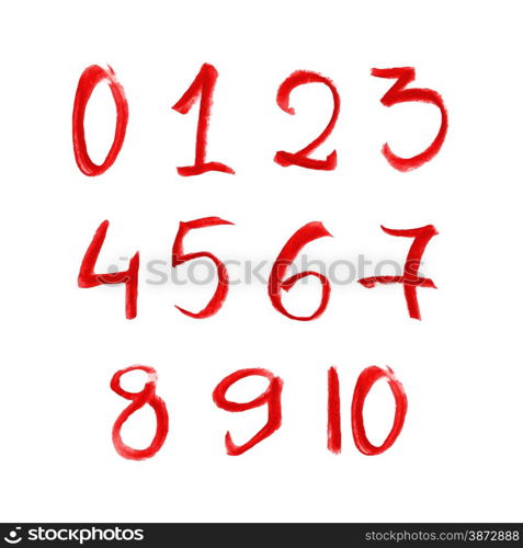 Illustration of hand red drawn chalk numbers set isolated on white background