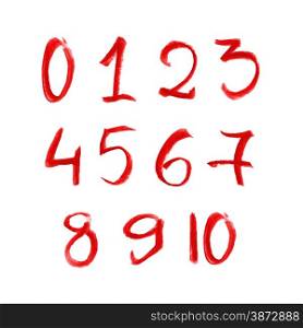 Illustration of hand red drawn chalk numbers set isolated on white background
