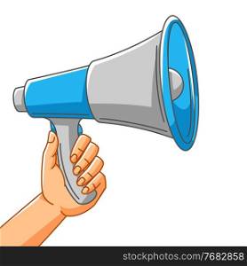Illustration of hand with loudspeaker. Picket sign on demonstration or protest. People holding speaker.. Illustration of hand with loudspeaker. Picket sign on demonstration or protest.