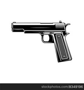 Illustration of handgun in vintage monochrome style. Design element for logo, label, sign, emblem, poster. Vector illustration