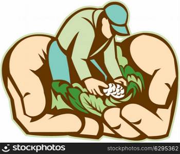 Illustration of hands holding organic farmer with crop produce harvest of vegetables done in retro style.