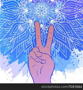 Illustration of hands with a gesture of peace. Tribal Mandala with watercolor splashes. Vector element for printing on T-shirts, covers and your design.. Illustration of hands with a gesture of peace. Tribal Mandala wi