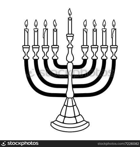 Illustration of Hanukkah candle in engraving style isolated on white background. Design element for poster, card, banner, sign, emblem. Vector image