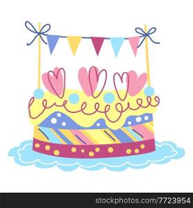 Illustration of Happy Birthday cake. Party invitation. Celebration or holiday item.. Illustration of Happy Birthday cake. Celebration or holiday item.