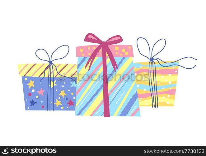 Illustration of Happy Birthday gift boxes. Party invitation. Celebration or holiday item.. Illustration of Happy Birthday gift boxes. Celebration or holiday item.