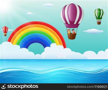 Illustration of Happy cartoon kids flying in a hot air balloon in ocean