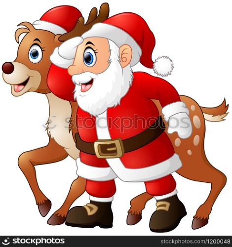 illustration of Happy cartoon Santa and reindeer