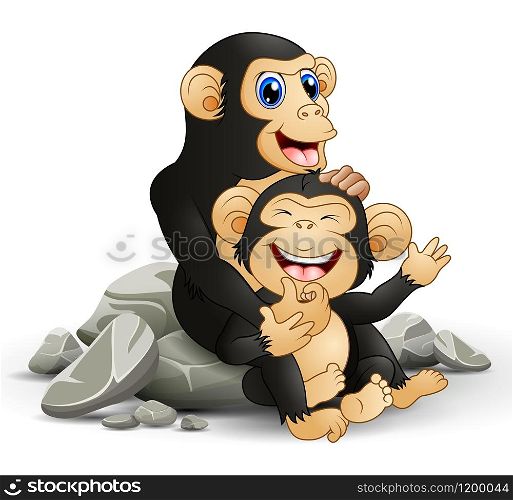 illustration of Happy chimpanzee mother hug her baby chimp