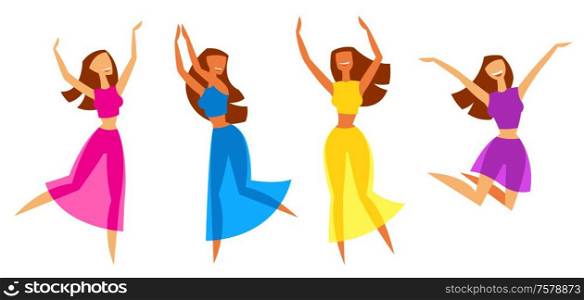 Illustration of happy dansing girls. Colored stylized figures.. Illustration of happy dansing girls.