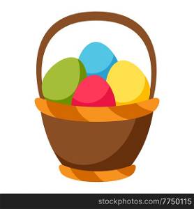 Illustration of Happy Easter eggs in basket. Cartoon symbol of celebration. Icon for design.. Illustration of Happy Easter eggs in basket. Cartoon symbol of celebration.