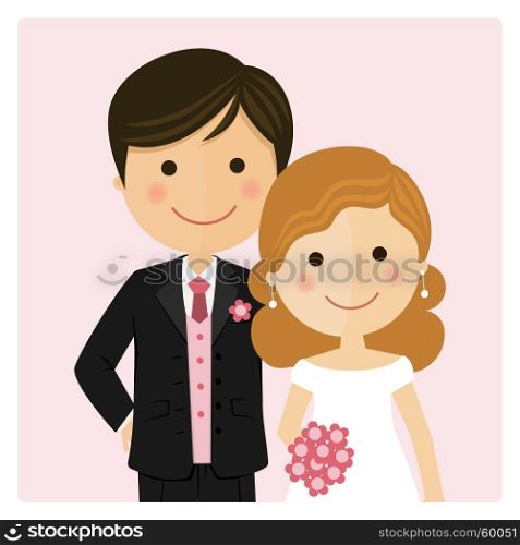 Illustration of happy just married on their wedding day and pink background