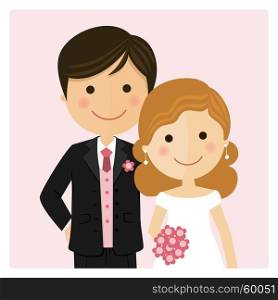 Illustration of happy just married on their wedding day and pink background