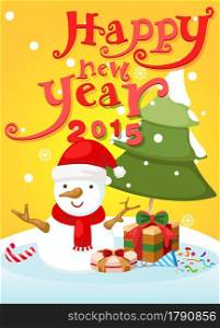 illustration of happy new year typography and snowman landscape background vector