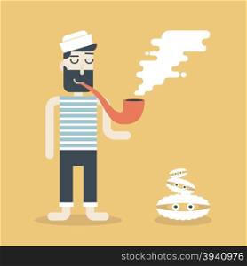 Illustration of happy smoking sailor with shells