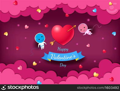 Illustration of Happy Valentine’ Day with lover astronaut on pink space background.