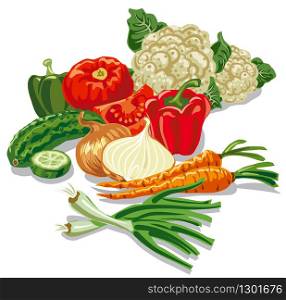 illustration of harvest of different raw vegetables, tomato, onion, carrot, cucumber, pepper and cauliflower. harvest of vegetables