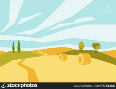 Illustration of harvested agricultural field. Autumn landscape with trees and hills. Seasonal nature background.. Illustration of harvested agricultural field. Autumn landscape with trees and hills.