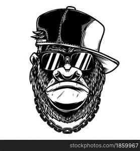 Illustration of head of angry gorilla with baseball cap and sunglasses in vintage monochrome style. Design element for logo, emblem, sign, poster, card, banner. Vector illustration
