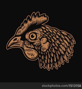 Illustration of head of chicken in engraving style. Design element for logo, label, sign, emblem, poster. Vector illustration
