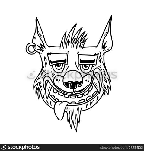 Illustration of head of funny cartoon wolf. Design element for poster, card, banner, t shirt. Vector illustration