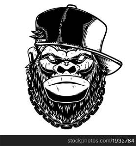 Illustration of head of gorilla in baseball cap. Design element for poster, card, banner, sign, t shirt. Vector illustration