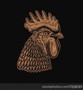 Illustration of head of rooster in engraving style. Design element for logo, label, sign, emblem, poster. Vector illustration