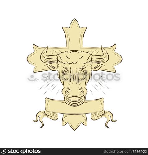 Illustration of head of Taurus the Bull Christian Cross in background done in hand sketch Drawing style.. Taurus Bull Christian Cross Drawing