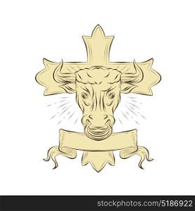 Illustration of head of Taurus the Bull Christian Cross in background done in hand sketch Drawing style.. Taurus Bull Christian Cross Drawing