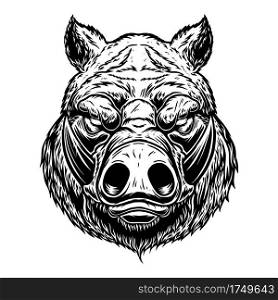 Illustration of head of wild angry boar in vintage monochrome style. Design element for logo, emblem, sign, poster, card, banner. Vector illustration