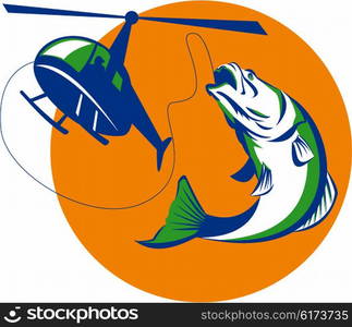 Illustration of helicpoter heli fishing reeling a jumping barramundi or Asian sea bass (Lates calcarifer) with sun in background on isolated background done in retro style.. Barramundi Heli Fishing Sun Retro