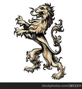 Illustration of heraldry lion drawn in engraving style isolated on white
