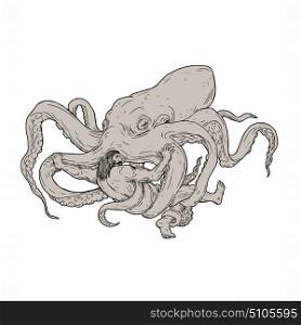 Illustration of Hercules Fighting a Giant Octopus done in hand sketch Drawing style on isolated background.. Hercules Fighting Giant Octopus Drawing