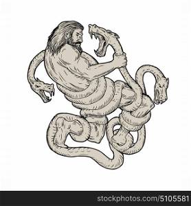Illustration of Hercules Fighting Lernaean Hydra done in hand sketch Drawing style.. Hercules Fighting Lernaean Hydra Drawing