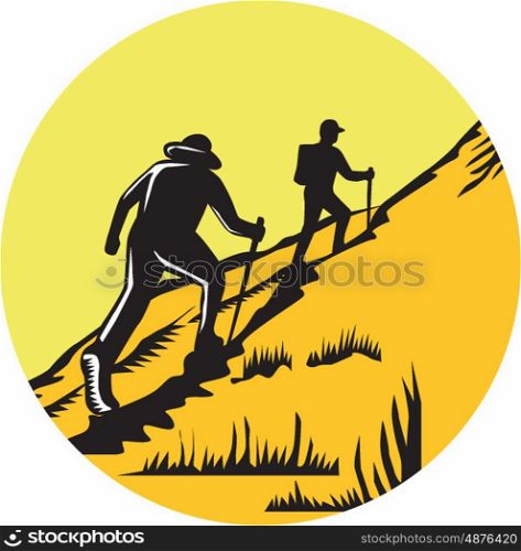 Illustration of hikers with hiking stick hiking up a steep trail set inside circle done in retro woodcut style. . Hikers Hiking Up Steep Trail Circle Woodcut
