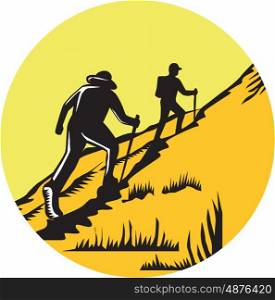 Illustration of hikers with hiking stick hiking up a steep trail set inside circle done in retro woodcut style. . Hikers Hiking Up Steep Trail Circle Woodcut