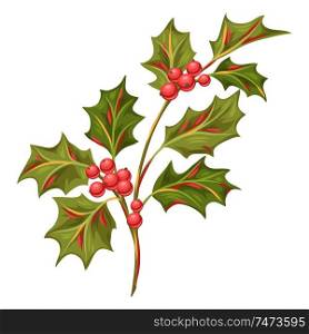 Illustration of holly branch with berries. Stylized hand drawn image in retro style.. Illustration of holly branch with berries.