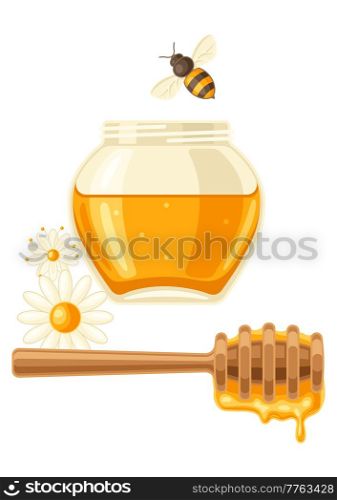 Illustration of honey jar with stick. Image for business, food and agricultural industry.. Illustration of honey jar with stick. Image for food and agricultural industry.