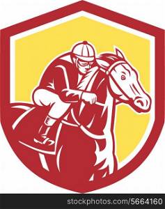 Illustration of horse and jockey racing set inside shield crest shape on isolated background done in retro style.. Jockey Horse Racing Shield Retro