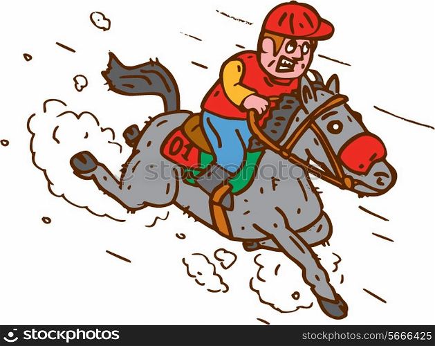 Illustration of horse and jockey racing set on isolated white background done in cartoon style. . Jockey Horse Racing Cartoon