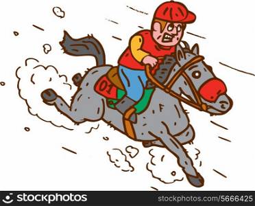 Illustration of horse and jockey racing set on isolated white background done in cartoon style. . Jockey Horse Racing Cartoon