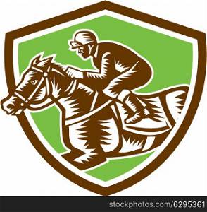 Illustration of horse and jockey racing viewed from the side set inside shield crest on isolated background done in retro woodcut style.. Jockey Horse Racing Shield Retro Woodcut