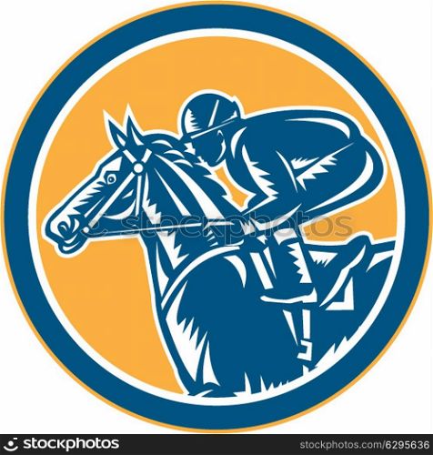Illustration of horse and jockey racing viewed from the side set inside circle shape on isolated background done in retro woodcut style.