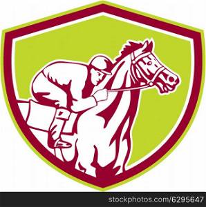 Illustration of horse and jockey racing viewed from the side set inside shield crest shape on isolated background done in retro style.. Jockey Horse Racing Shield Retro