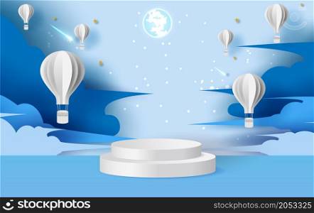 Illustration of hot air balloons on abstract night sky background with circular stage podium and blank space. paper cut and craft style. Paper night balloons on sky background vector. minimal space