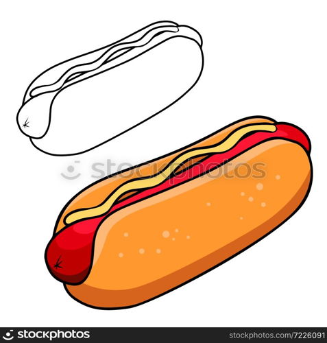 illustration of hot dog in engraving style. Design element for poster, label, sign, emblem, menu. Vector illustration