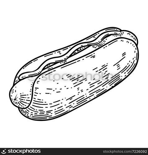 illustration of hot dog in engraving style. Design element for poster, label, sign, emblem, menu. Vector illustration