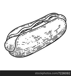 illustration of hot dog in engraving style. Design element for poster, label, sign, emblem, menu. Vector illustration