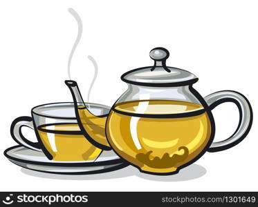 illustration of hot green tea in pot and cup. hot green tea